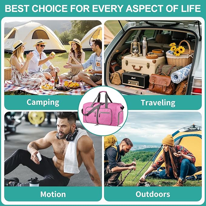 Dimayar 65L Travel Duffle Bag for Men Women - Foldable Duffel Bag with Shoes Compartment - Overnight Bags Waterproof & Tear Resistant(Rouge Pink)
