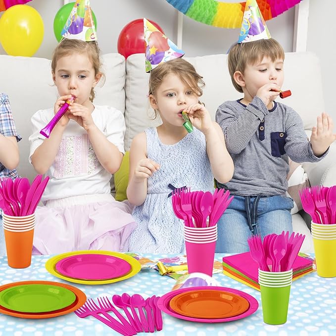 durony 192 Pcs Neon Party Supplies Paper Plates Cups Napkins Hard Plastic Cutlery Forks Knives Spoons Disposable Glow Party Tableware for Fiesta Neon Birthday Party Favor Decorations Serves 24 Guests
