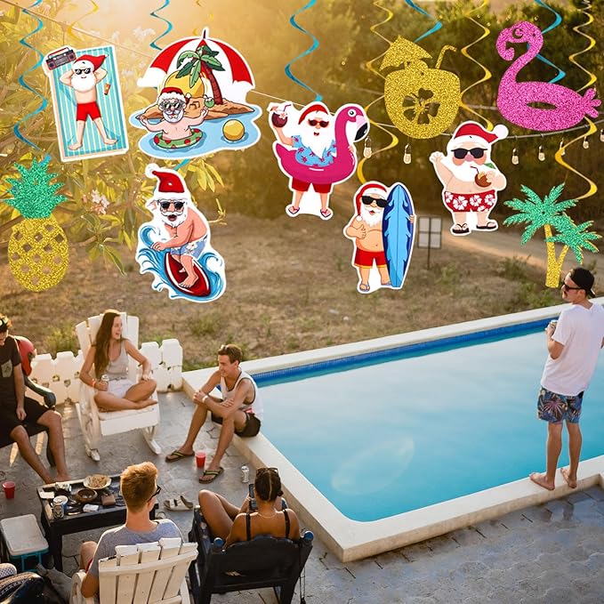 Hawaiian-Tropical Christmas Party-Decorations Streamers - 10Pcs Flamingo Pineapple Palm Leaves Hanging Swirl Ceiling Decor,Summer Pool Beach Birthday Merry Snata Banner Supplies Hugtmr