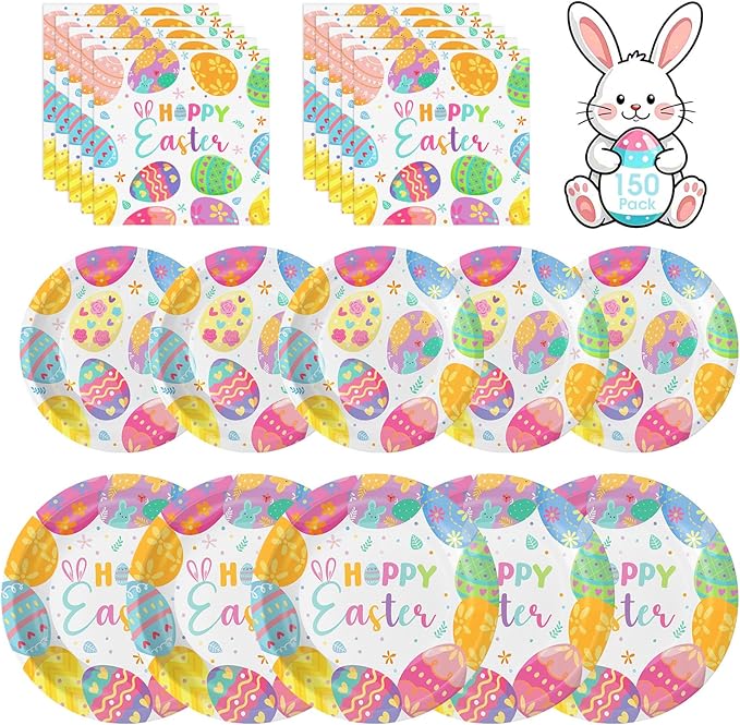 150 Pack Easter Party Supplies Set, Happy Easter Dinnerware Set Includes Heavy Duty Dessert Dinner Plates and Luncheon Napkins for Spring Birthday Party Decorations Table Decor, Serves 50