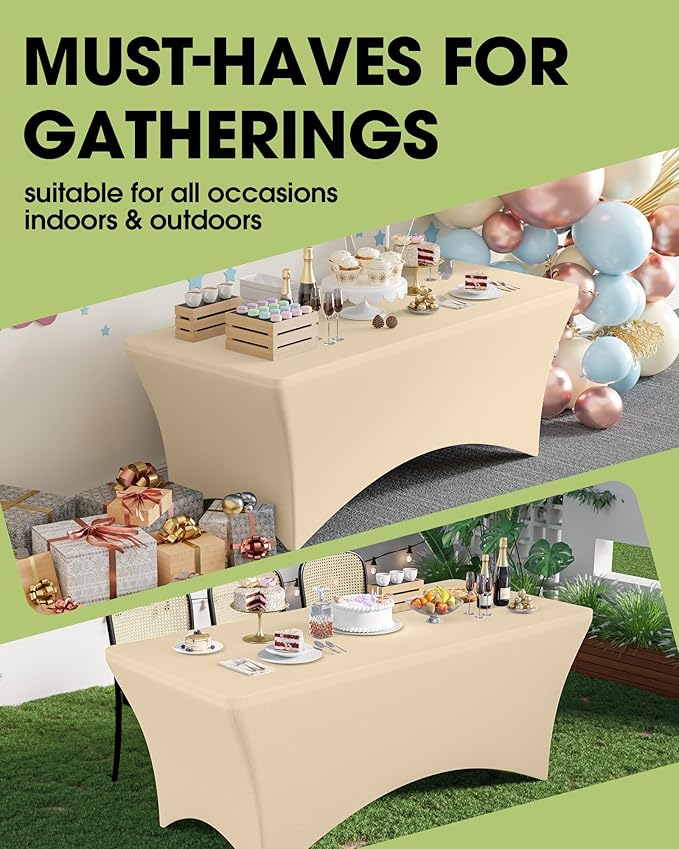 Pureegg Spandex Tablecloth 6ft - 6 Pack, Fitted and Stretch Table Cover for Rectangle Tables, Wrinkle-Resistant and Secure Fabric for Outdoor, Picnic, Party, Wedding, Banquet and Birthday, Champagne