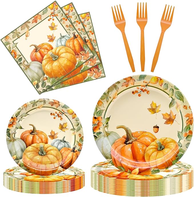 96 Pieces Fall Plates and Napkins Thanksgiving Tableware Set, Pumpkin Maple Leaf Disposable Dinnerware with Paper Plates, Napkins, and Forks for Thanksgiving Autumn Harvest Party Supplies- Serves 24