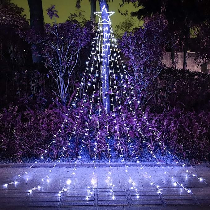 FUNIAO Outdoor Christmas Star Lights 320 LED Waterfall Christmas Tree Lights 8 Lighting Modes Outdoor Christmas Decorations Star String Lights for Outside Tree Wall Yard Xmas Wedding Party (White)