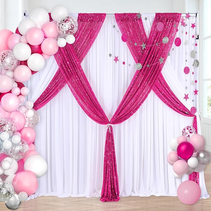 B-COOL Fuchsia Sequin Backdrop Curtains Hot Pink Glitter Backdrop 2 Panels 2ftx8ft Girls Party Backdrop Fabric for Sweetheart Birthday Wedding Party Decorations