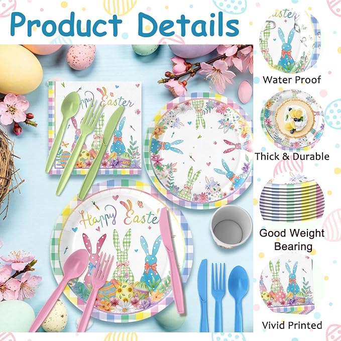 Easter Day Party Disposable Set for 24 Guests - Complete 9'' & 7'' Paper Plates, Napkins, Cups, Knives, Forks & Spoons | Perfect for Easter Brunch, Spring Gatherings, Holiday,Birthday