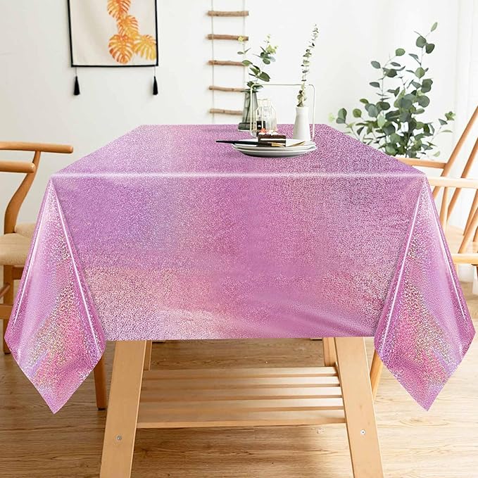 1 Pack Light Pink Iridescent Plastic Tablecloth Disposable 54 × 108 Inch Glitter Holographic Foil Table Cloth Plastic Laser Rectangle Table Cover for Birthday Wedding Disco Party