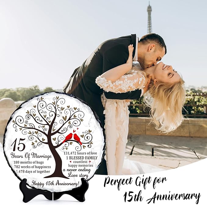 15th Wedding Anniversary Slate Plate – Crystal Anniversary Wedding Gifts for Couple or Parents – Unique 15 Years of Marriage Celebration Decoration – 5.9 inches Plaque, Keepsake