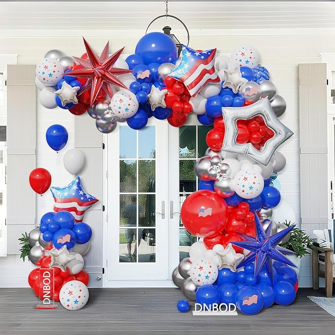 147Pcs Red White and Blue Independence Day Balloon Garland Arch Kit,with Explosion Star,Flag Foil Balloons for 4th of July Patriotic Memorial Veterans Baseball Nautical Birthday Party Decorations