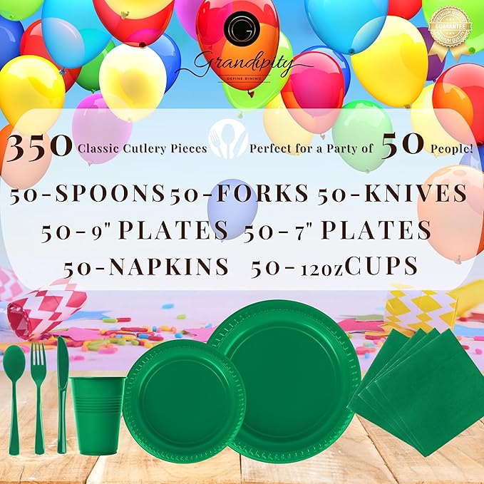 Grandipity 350 Piece Green Disposable Dinnerware Set, Includes 50 of Each: 9" Dinner Plates, 7" Dessert Plates, 12oz Cups, Paper Napkins, Forks, Knives & Spoons