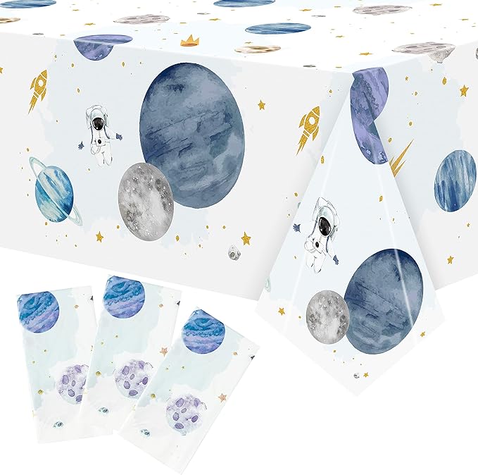 3Pack First Trip Around The Sun Space Party Tablecloths Outer Space Theme Disposable Rectangle Table Cover Decorations for 1st Birthday Baby Shower Party Tablecover Supply, 86.6x51 Inch