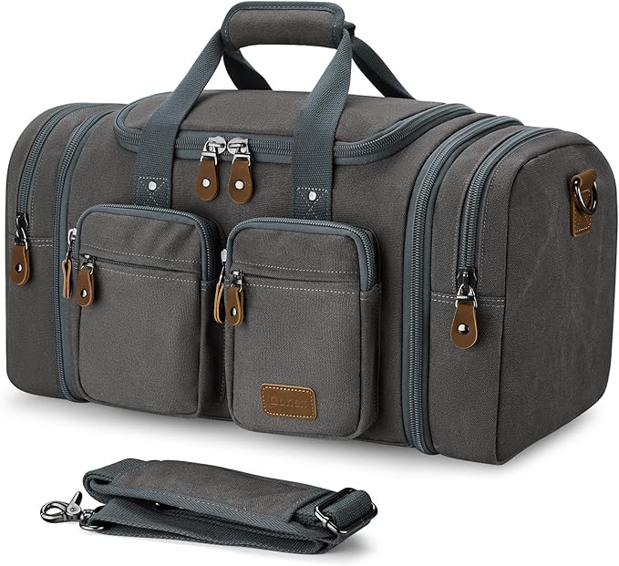 Gonex Canvas Duffle Bag for Travel, Expandable Water Resistant 50L Carry on Duffel Overnight Weekender Gym Bag with Wet Dry Separation Pocket & Suitcase Handle Sleeve, Grey