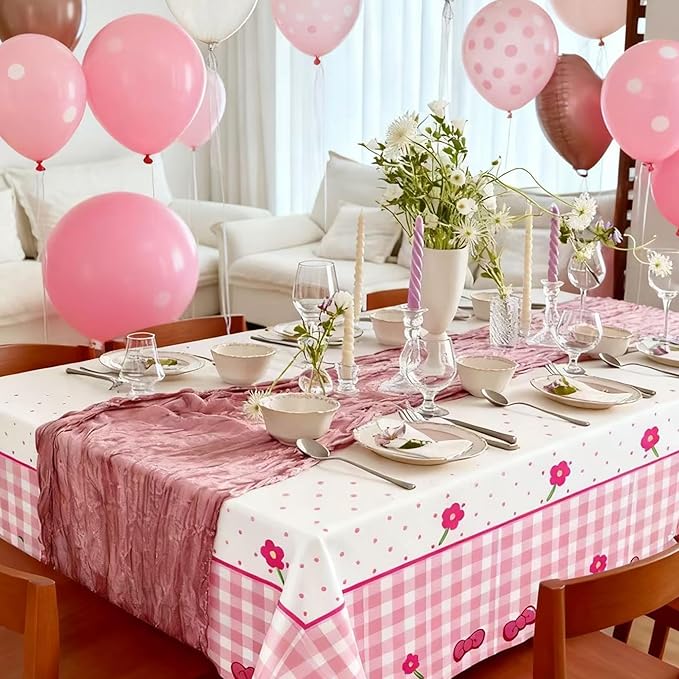 Pink Bow Flower Tablecloth 4 Packs, Pink White Gingham Cute Plastic Tablecloths Disposable Birthday Party Decoration, 54" x 108" Waterproof Tablecloth for Girls Birthday Princess Party Supplies