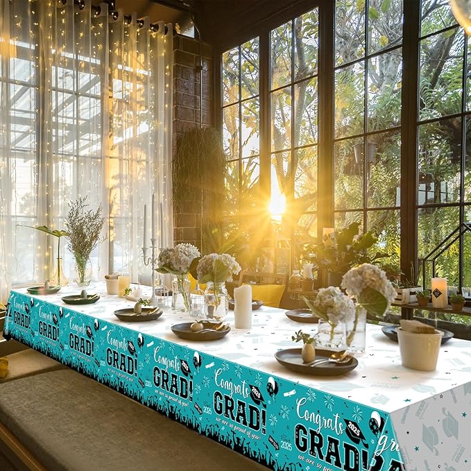 6 Pack Graduation Tablecloth Party Decorations, Class of 2026 Congrats Grad Plastic Tablecover Party Supplies, Teal Rectangle Graduation Table Decorations for College High School Party, 54 x 108 Inch