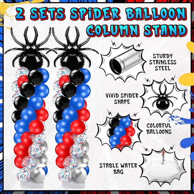 Kasyat 2 Sets Spider Party Balloon Column Stand Kit with 2 Spider and 100 Red Blue Black Latex Balloons, Adjustable Arch Stands for Birthday Baby Shower Hero Theme Party Decorations
