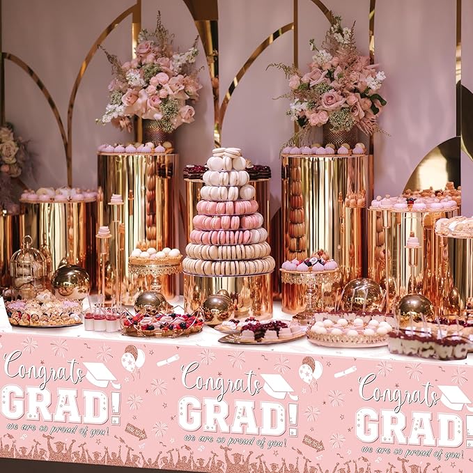 3 Pack Graduation Tablecloth Party Decorations, Class of 2026 Congrats Grad Plastic Tablecover Party Supplies, Pink Rectangle Graduation Table Decorations for College High School Party, 54 x 108 Inch