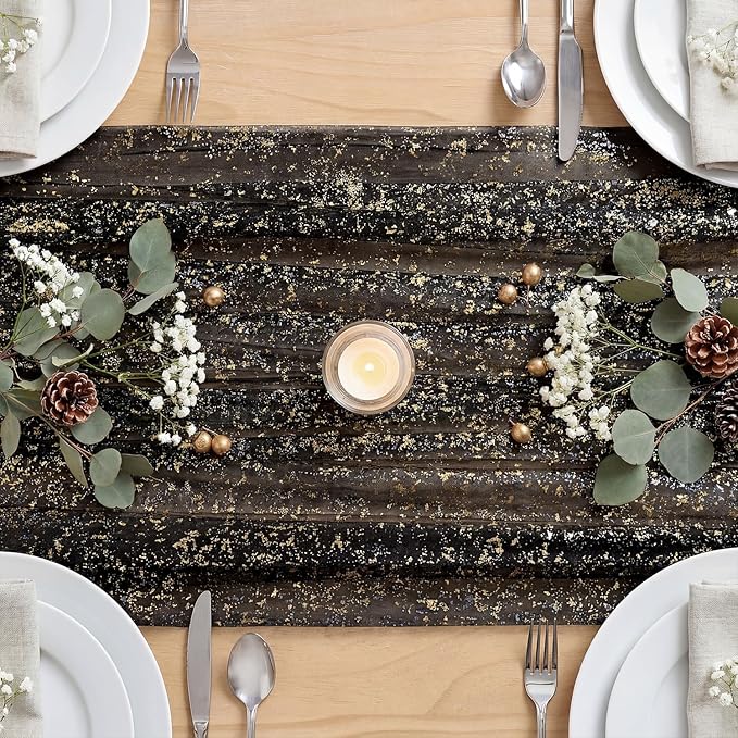 Artoid Mode Black Gold Gauze Table Runner 59x120 Inch 10FT, Glitter Metallic Foil Sheer Dining Wedding Anniversary Holiday Birthday Table Decor for Home Party