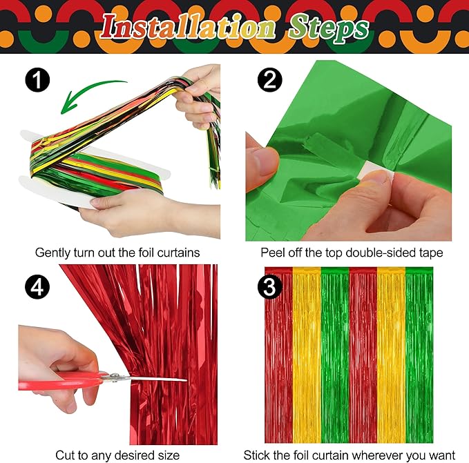 2 Pack Black History Month Decorations, 3.28 FT x 7.05 FT Backdrop Curtains, Red Yellow Green Color Tinsel Backdrop Fringe Curtains Party Streamer, Black History Month Door Decor