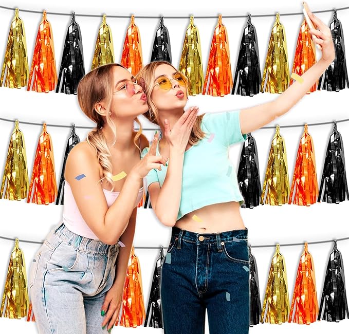 3P Orange Gold Black Metallic Fringe Tassel Banner Garland Foil Tinsel Streamer Wall Hanging Curtain Backdrop Banner for Parade Floats, Graduation Decorations, Halloween, Christmas Decorations