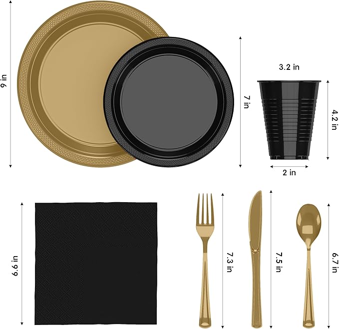 350 Pcs Black & Gold Plastic Plates For Party, Black & Gold Disposable Plates Set, 50 Of Each 9" Dinner Plate Set, 7" Dessert Plate, Cups, Napkins & Cutlery Plastic Dinnerware Exquisite