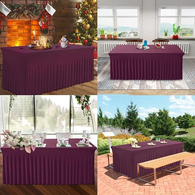 Table Skirts for Rectangle Tables 6ft - One-Piece Burgundy Tablecloths and Skirt, Wrinkle Resistant Ruffles Elastic Cover for Banquets, Weddings, Events, Parties