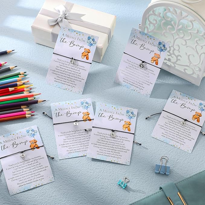 Thyle 50 Set Blue Bear Baby Shower Favors for Guests Adjustable Bracelets with Message from the Bump Card Footprints Charm Baby Shower Bracelets for Gender Reveal Thank You Gifts