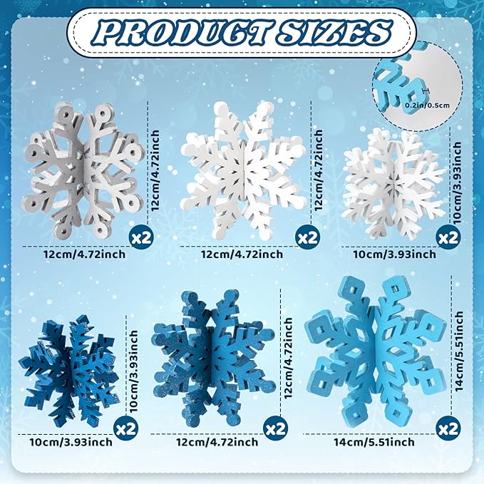 OuMuaMua 12 Set Winter Christmas Centerpiece Table Decorations - 24pcs Wooden Snowflakes Decor 3D White Blue Snowflake Tabletop Decor for Xmas Holiday Tiered Tray Winter Farmhouse Home Decor