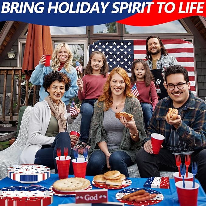100 Pcs Patriotic Party Supplies Set, Serves 25 – Disposable Red White Blue Star Paper Plates, Napkins, and Forks, American Flag Themed Tableware for 4th of July, Memorial Day, Labor Day Decorations