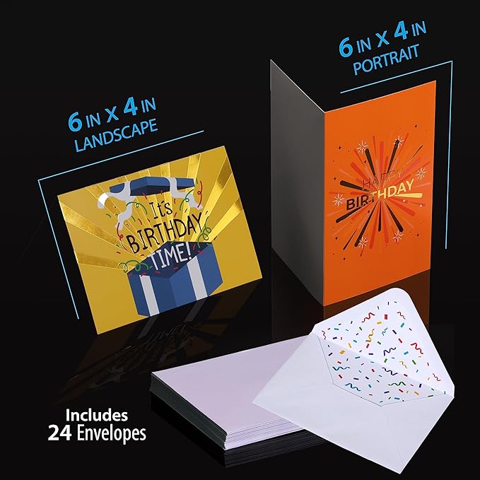 24 Pack Unique Gold Foil Birthday Cards with Envelopes & Stickers | 4x6 Inches Blank Happy Birthday Cards Assortment in Bulk for Family, Kids, Friends, Work & Office Celebrations.