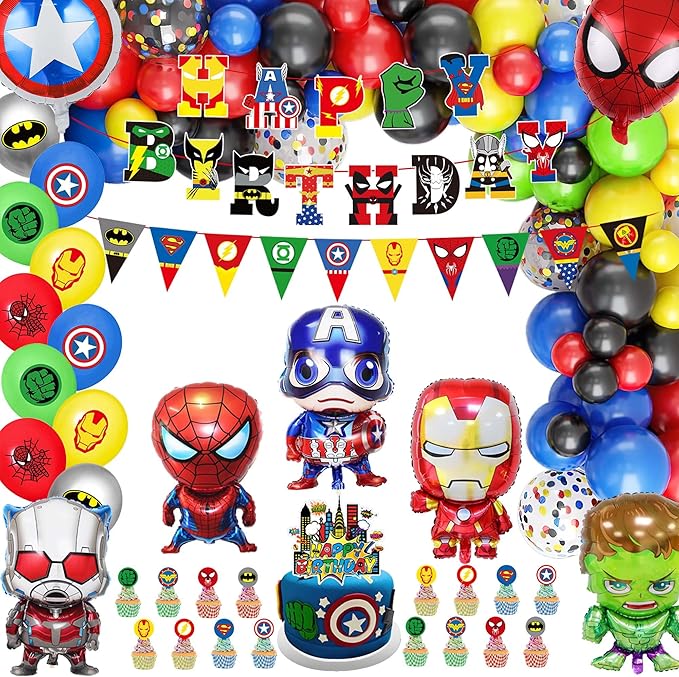 Cartoon Themed Birthday Party Decorations Set, Hero Themed Party Favors, Party Supplies Set Include Banner, Foil Balloons,Printed Balloons