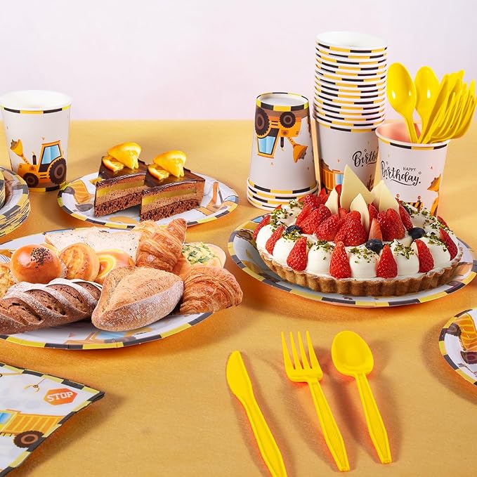 Construction Birthday Decorations, 170 Pcs Construction Birthday Party Supplies Including Banner, Plates, Cups, Napkins, Cutlery and Tablecloths, Serves 24