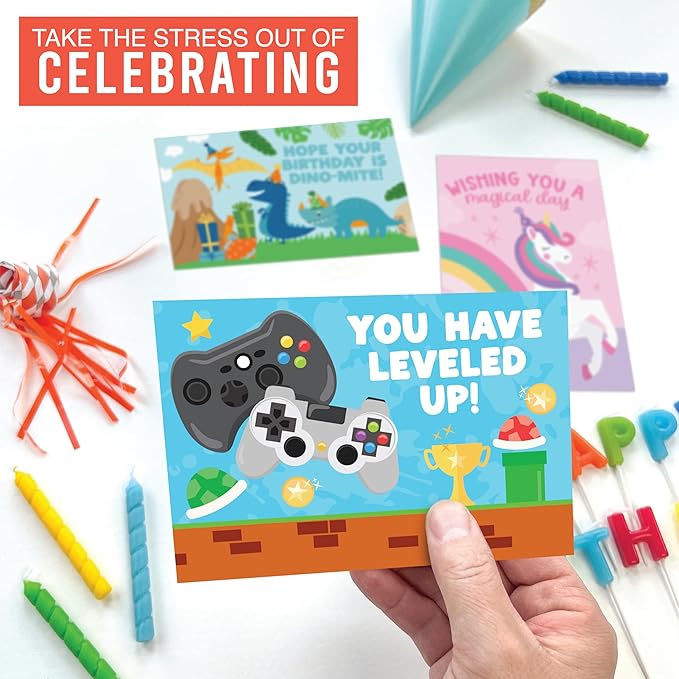 Hadley Designs Happy Birthday Cards for Kids with Envelopes - 54 Assorted Kids Birthday Cards Bulk for Classroom, Generic Children Greeting Card Pack for Students, Bday Notecards, Designed in USA
