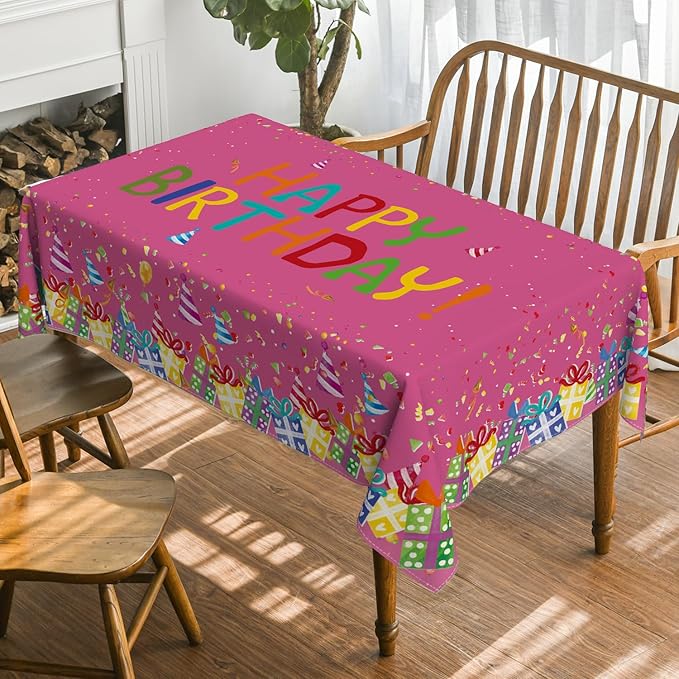Horaldaily Birthday Tablecloth 60x120 Inch Rectangular, Happy Birthday Ballon Pink Washable Seasonal Table Cover for Party Picnic Dinner Decor