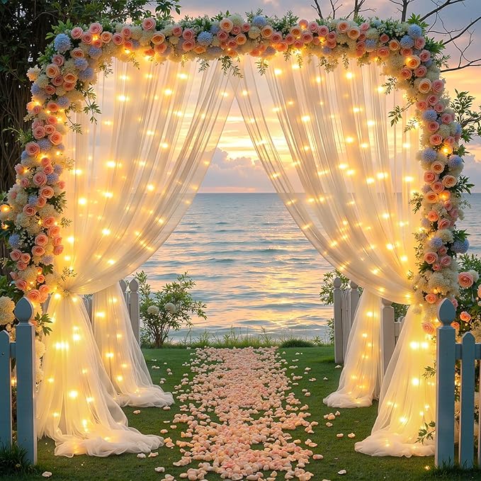 10x10FT Cream Wrinkle Free Backdrop Curtains with Lights String for Parties - Photo Curtain Backdrop with Lights for Wedding Decorations, Bridal Baby Shower Birthday Party Photography Background
