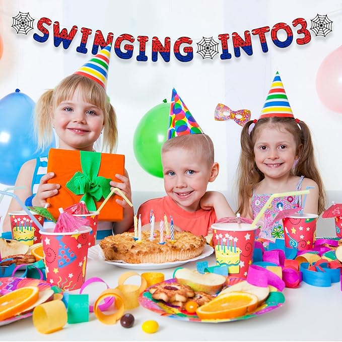 TaoBary Spider Theme 3rd Birthday Banner, Pre-strung Swinging into 3 Banner, Spider 3rd Birthday Decorations Party Supplies for Kids, Third Decor for 3 Year Old Boys Girls( Multicolor)