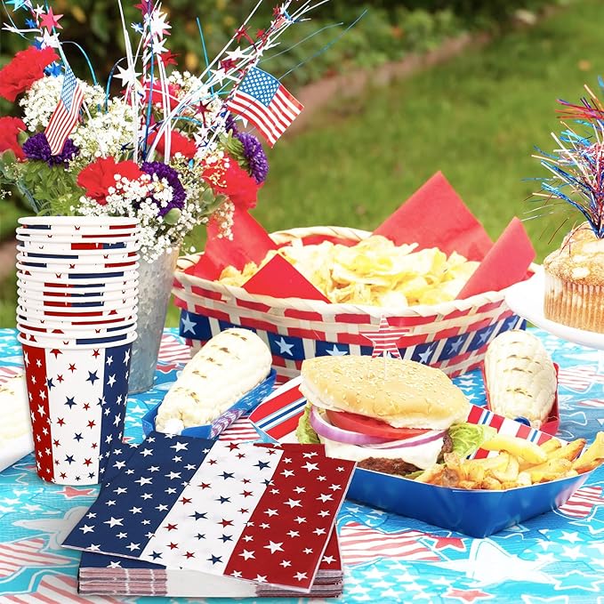 Whaline 96Pcs Patriotic Party Tableware Set with Paper Plate Napkin Cup Red White Blue Star 4th of July Disposable Dinnerware for 24 Guests Independence Day Party Table Decor