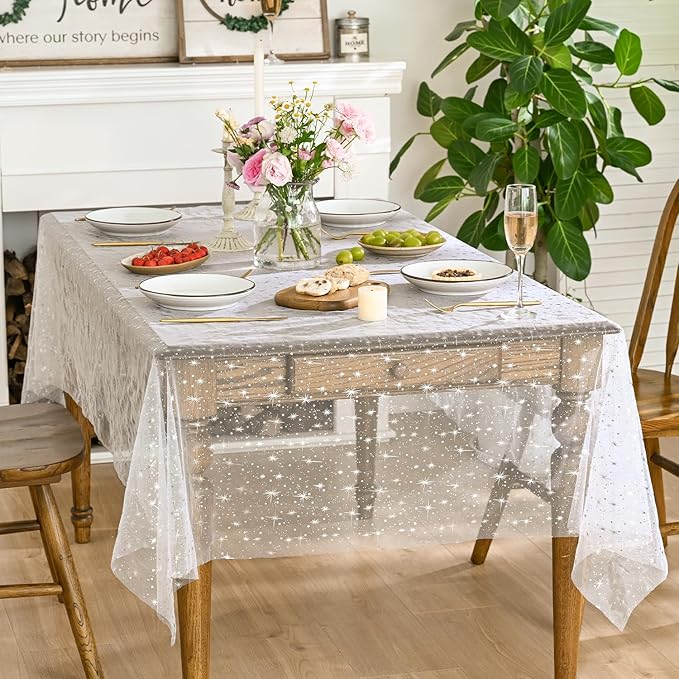 Horaldaily White Silver Sparkling Star Gauze Tablecloth 60x84 Inch Rectangular, Silver Star Sequin Glitter Metallic Foil, Sheer Tulle Cheesecloth for Wedding Baby Shower Party