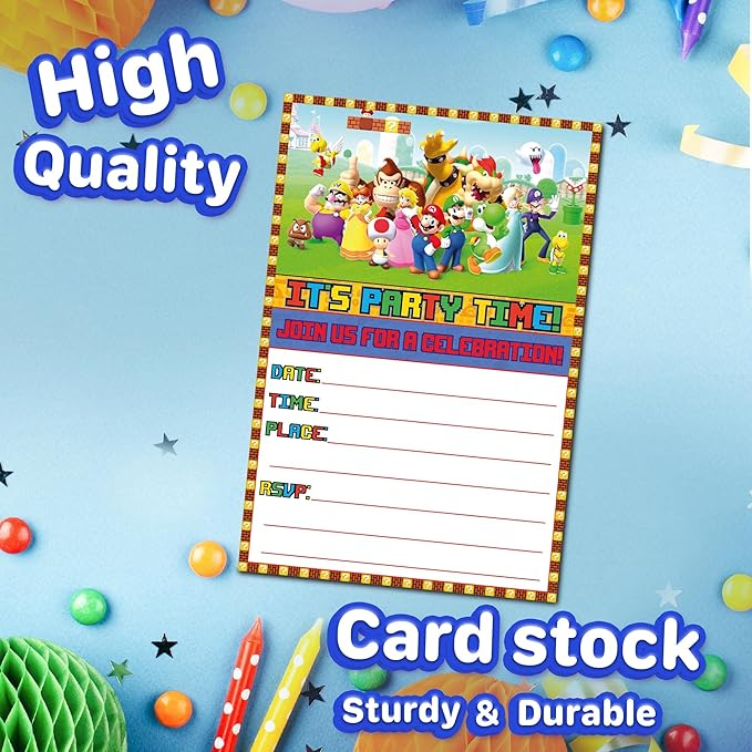 Set of 30 Classic Video Game Themed Happy Birthday Invitation Cards & Envelopes - Lightweight (230g), Postcard Style Invites for the Perfect Party Pack