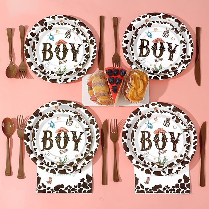 168 Pcs Cowboy Baby Shower Decorations, A Little Cowboy is on the Way Boy,Baby Boy Shower Plates and Napkins Sets Serves 24, Western Baby Shower Decorations, Its A Boy, Brown