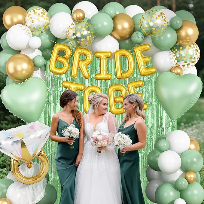 Sage Green Bachelorette Party Decorations, Bride To Be Helium Mylar Foil Letter Balloons with White Gold Camp Latex Balloons and for Bridal Shower Decoration Engagement Hen Wedding Party Decor