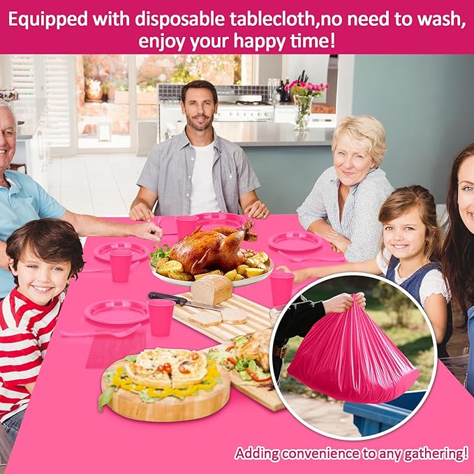 Hot Pink Plastic Plates for Party,30 Guest Disposable Plastic Plate Set 9" Plates,7" Dessert Plates,Napkins,12 oz Cups,Forks & Tablecloth for Girls Women,Summer Party,Birthday