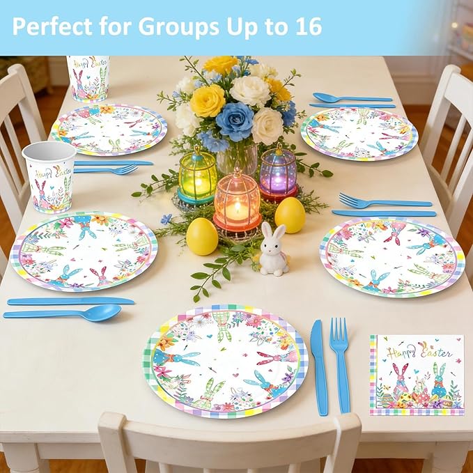 112 PCS Easter Day Party Disposable Set for 16 Guests - Complete 9'' & 7'' Paper Plates, Napkins, Cups, Knives, Forks & Spoons | Perfect for Easter Brunch, Spring Picnic, Holiday,Birthday
