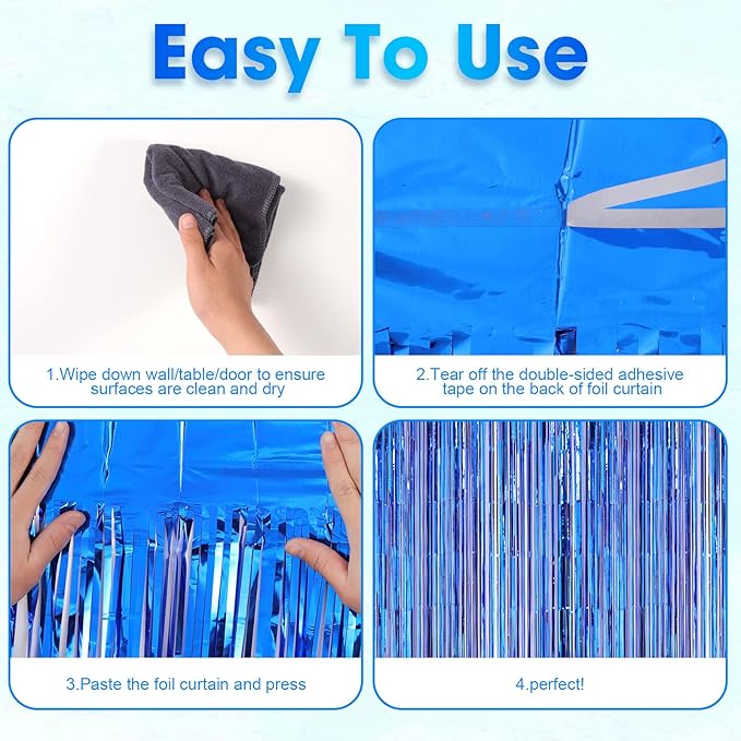 2 Pack Blue Foil Fringe Backdrop Curtains, Tinsel Streamers Party Decorations, Fringe Backdrop for Graduation, Disco Party