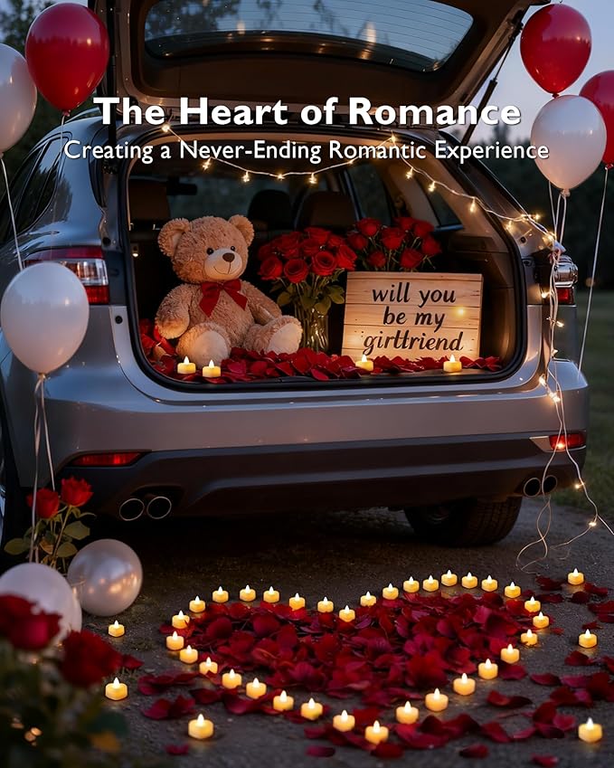 Amagic 4000 Pieces Artificial Rose Petals with 50 Heart LED Tea Lights Candles Kit, Rose Petals and Candles Set for Proposal, Anniversary, Special Romantic Night, Wedding Table Decor