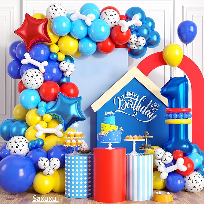 1st Birthday Decorations Boy, Dog Paw First Party Balloons Arch with Red Blue Yellow Long Latex Balloons 40 inch Number 1 Balloon and Star Foil Balloon for Paw Birthday Party Supplies