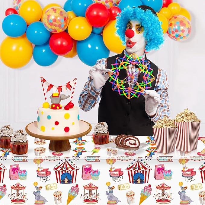 2 Pack Circus Carnival Theme Tablecloth 54 x 108 Inch Disposable Plastic Waterproof Table Cloths Circus Theme Party Decorations Tablecover for Carnival Night Movie Happy Birthday Party Supply