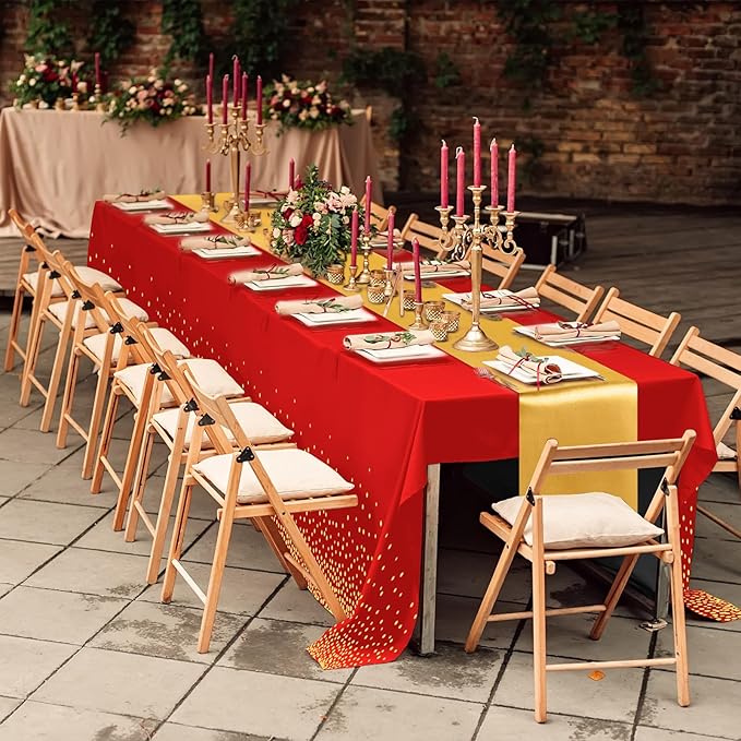 Breling 8 Pack Red and Gold Disposable Plastic Tablecloths and Satin Table Runner Set, 54 x 108 Inch Tablecloth, 12 x 108 Inch Table Runners for Wedding Graduation Birthday Baby Shower New Year