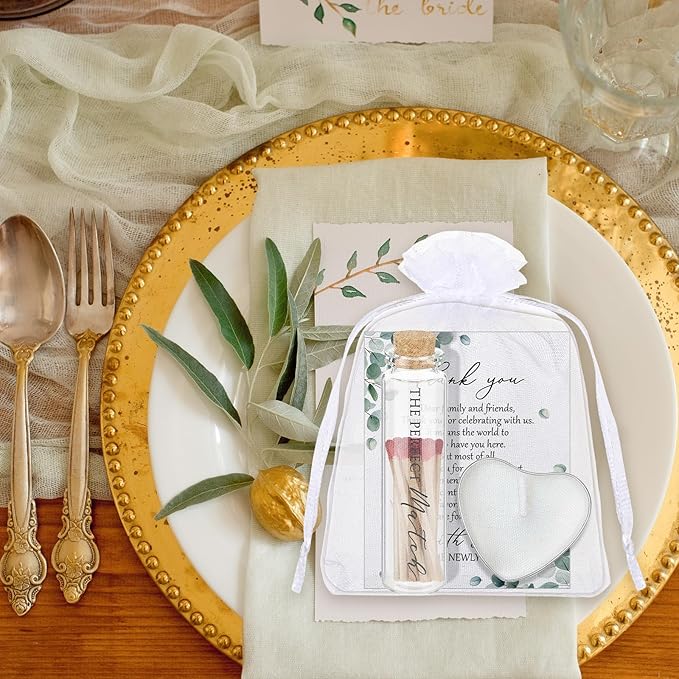 50 Sets Wedding Party Favors for Guests Bulk Including Mini Heart Shaped Candles and Empty Matches Jars with Cork Top Thank You Cards and Organza Bags for Wedding Bridal Shower Party Souvenir
