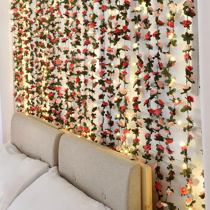 MARTINE MALL Flower Garland Rose Vines, 8 Strands 66Ft Flowers Vines for Bedroom, Rose Flower Garland Decoration, Rose Floral Garland for Room Table Birthday Wedding Party Garden Wall Decor