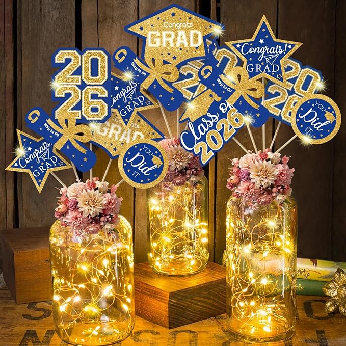 OuMuaMua Graduation Decorations Class of 2026-30pcs Blue and Gold Graduation Table Centerpieces Sticks Table Toppers with Lights for College High School Congrats Grad Party Supplies