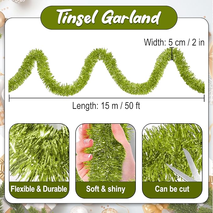 50 Feet Light Green Christmas Tinsel Garland, Metallic Foil Twist Banner Wall Hanging Tinsel Streamers Backdrop for Parade Floats, Christmas, Mother's Day, Birthday Party Decorations(2in x 50ft)